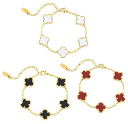 AYNKH 3-teiliges Glücksblatt-Armband, vierblättriges Kleeblatt-Schmuck-Set, Titanstahl-Armband, schlichtes Design, Glückssymbol, Glücksschmuck für Frauen und Mädchen (schwarz + weiß + rot),