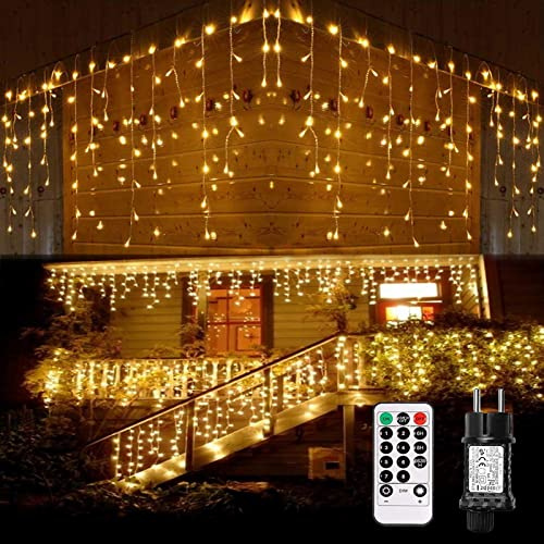Nurkoo Led Eisregen Lichterkette Strom, 5m 200leds für Innen und Außen, GS geprüft, IP44, 8 Modi Lichtvorhang Mit Merkfunktion Fernbedienung Timer Für Zimmer, Traufe, Weihnachten, Treppe, Geländer
