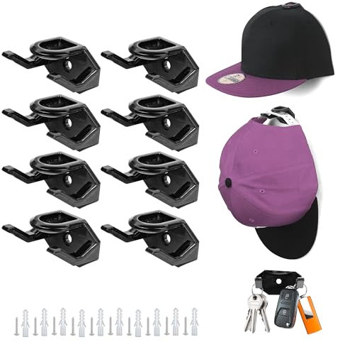 Supporto da parete per cappelli, 8 pezzi, autoadesivo, porta cappelli, organizer salvaspazio per montaggio a parete, supporto da parete per cappelli, portachiavi, cuffie (nero)