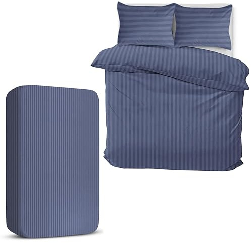 MOONLIGHT20015 Super King Duvet Set 4 Piece Satin Stripe Duvet Covers Soft Brushed Microfiber Bedding Set with Fitted Sheet & 2 Pillowcases (Washed Blue, 260x220 cm)