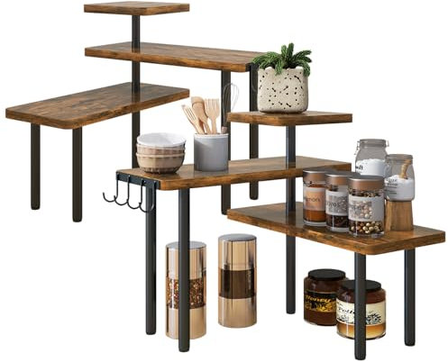 IBUYKE Arbeitsplatten-Organizer, Eckregal, 3-stöckiges Gewürzregal mit Haken, Satz von 2,verstellbare Ausrichtung,Küchenregal, platzsparend für Küche, Bad, Theke, Schrank,Rustikal Braun,TLJ023H-2