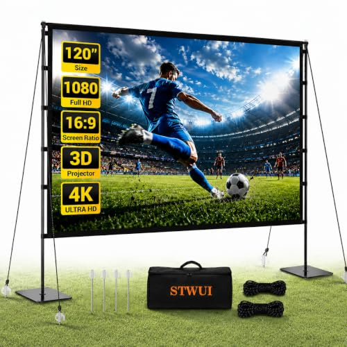 STWUI Outdoor Projector Screen with Stand - 120 Inch Portable Projector Screen Indoor and Outdoor Projector Screens 16:9 4K HD Wrinkle Free Lightweight Movie Screen with Carry Bag,Enioy Movie Nights