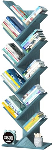 LELELINKY Bücherregal Baumform, Standregal 10 Ebenen für Bücher/CDs/Zeitschriften, DVD Bücherregal Holz, Bücher Regal für Wohnzimmer, Schlafzimmer und Heimbüro, Blau