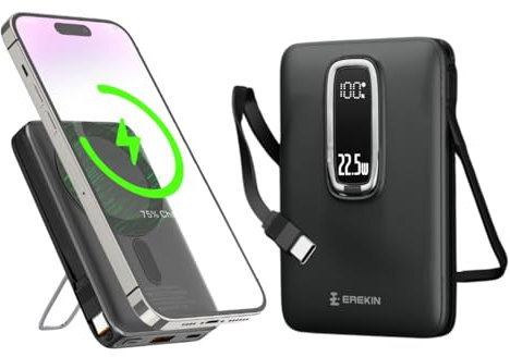 Batterie Externe Magnétique Magsafe 10000mAh, Charge Rapide 22,5W, Support Rétractable, Câble USB Type-C Intégré, Affichage LED, PD3.0 QC4.0 pour iPhone 16 15 14 13 12 Pro Max Mini Plus Samsung iPad