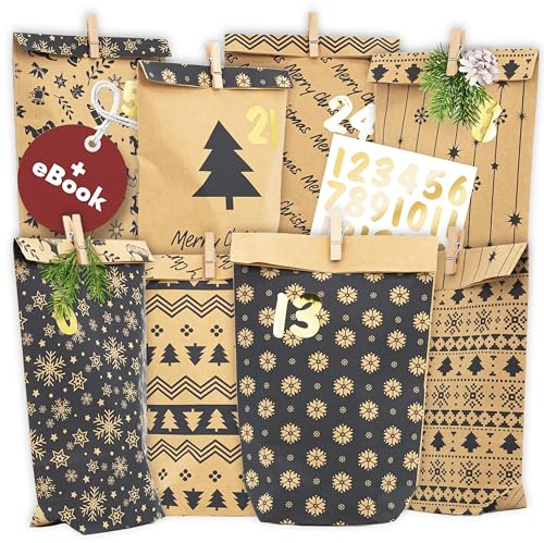 AMARI ® Adventskalender zum Befüllen - 24 Papier Adventstüten (mit Holzklammern) zum Basteln für Weihnachten - Papier Weihnachtstüten mit Zahlenaufkleber
