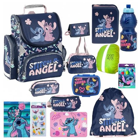 PASO - Schulranzen für Jungen und Mädchen, 14er-Set - Schul-Rucksack für Kinder mit Federmäppchen - Schuhbeutel Trinkflasche und Brotdose - Stitch Motiv- 1-3 Klasse