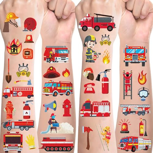 Feuerwehr Tattoos für Kinder,Feuerwehrauto Kindertattoos Hautfreundlich Set,10 Blätter Feuerwehrmann Temporäre Tattoos zum Aufkleben,Mitgebsel Kindergeburtstag Geschenke Party Deko Feuerwehrfest Deko