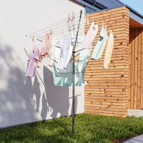 SYKIARIOL Rotary Washing Line, Outdoor Clothes Airer, Heavy Duty Garden Washing Line Rotary, Clothes Lines for Outside with Ground Spike (Silver, 30M)