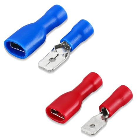 KEWUF Connettori rapidi femmina in vinile completamente isolati 6.3 x 0.8 mm, faston elettrici, rosso per 0.5-1.5 mm² (22-16 AWG), blu per 1.5-2.5 mm² (16-14 AWG), confezione da 80 pz