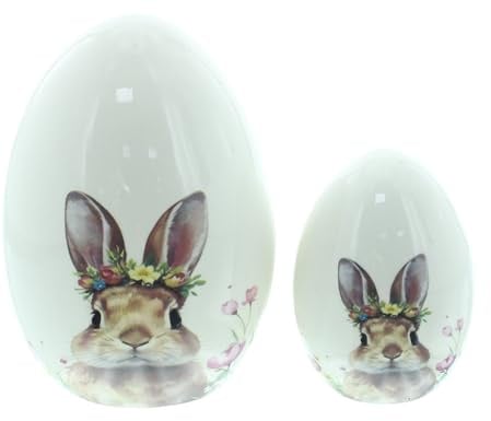 FRANK FLECHTWAREN Osterei Häschen mit Blumenkranz, 2er Set, Porzellan Maße: Höhe 10 cm, 15 cm