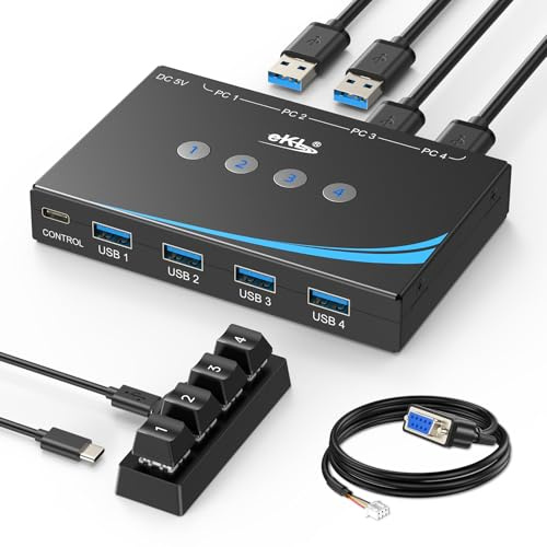 eKL USB 3.0 Switch 4 Computer Sharing Mouse Keyboard Printer Scanner, 4 Port USB Switcher with RS232 Serial Switching, Remote Controller, 3.5mm Mic & Headset Audio Jack, 4 USB 3.0 Cables Included