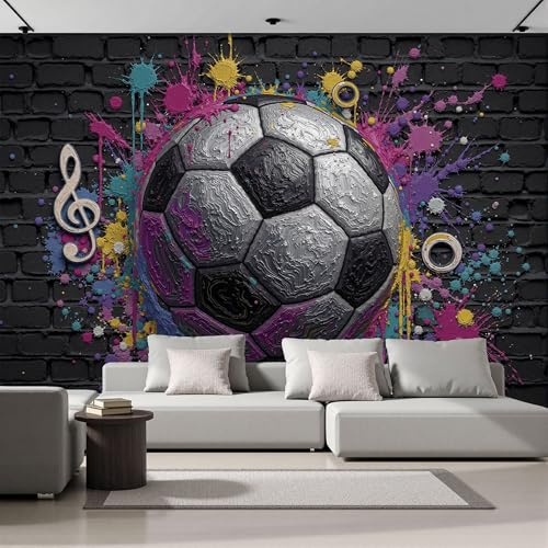 Backsteinmauer Fußball Fototapete 3D Effekt, ‎200x140cm (B×H) Fototapeten Wandbild Motivtapeten Vlies-Tapeten, Graffiti Noten Wandtapete Wand Wohnzimmer Spielzimmer Dekoration