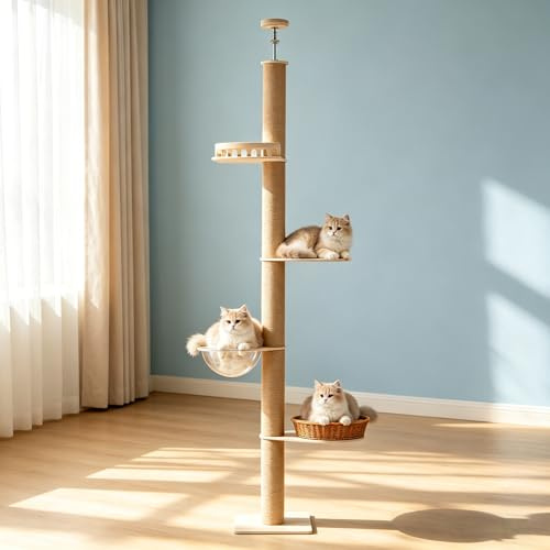 Kratzbaum Deckenhoch 255-270cm | 5 Etagen Katzenbaum mit Raumkapsel & Rattankorb | Höhenverstellbarer Kletterbaum mit Sisalsäulen & Sicherheitsgeländern | Stabiler Katzenturm in Natur-Optik