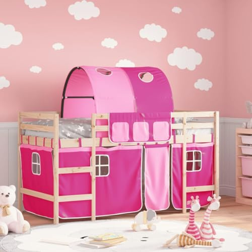 XHNIFBN Hochbett für Kinder Rosa 80 x 200 cm aus Massivholz Kiefer mit Vorhang-Set und Tunnel, Spielbett mit Leiter und Rausfallschutz ab 6 Jahren für Mädchen, geeignet für Kinderzimmer