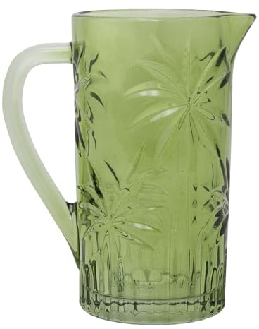 Green Glass Water Jug, 1 Litre Palm Embossed Drinks Pitcher, 20cm Decorative Drinks Jug or Flower Vase