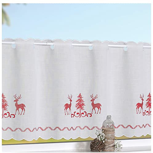 heimtexland Scheibengardine Kreuzstich Stickerei HIRSCHE rot 45x115 cm auf Batist in Natur Country CHIC Landhaus Panneau Gardine Weihnachten Bistrogardine ÖKOTEX Typ506