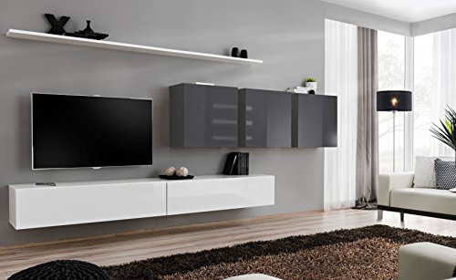 All4All Wohnwand SW 7 - Wohnzimmermöbel - Schrankwand für Wohnzimmer - Wohnzimmerschrank - Anbauwand Wohnwand Hängend - Modern - Weiß+Grau 21