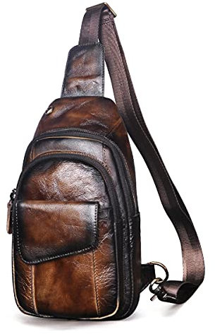 Le’aokuu Herren Echtes Leder Hüfttasche Bauchtsche Brusttasche Crossbody Bag Sling Bag Schultertsche Brustbeutel Freizeit Reisen Outdoor Tasche 8013 (1 8013 B1 Kaffee)