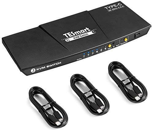 TESmart 3 Port USB Type C KVM Switch 4K@60Hz 4:4:4 Ultra HD | 3x1 USB C KVM-Umschalter 3 in 1 out Unterstützt IR-Fernbedienung mit zusätzlichem USB 2.0 Port&3 USB-Kabel-Mattschwarz