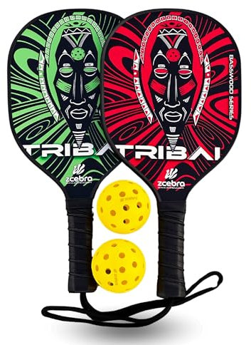 ZCEBRA Palas de Pickleball Tribal – Set 2 Palas de Madera de Tilo Americano 2 Bolas de Exterior Madera de 7 Capas Resistencia – Juego de Palas y Bolas de Pickleball
