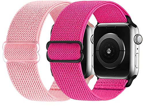 2 Pezzi Cinturino elastico compatibile con Apple Watch 38mm 42mm 40mm 44mm 41mm 45mm, cinturino di ricambio in nylon morbido per iWatch Series 7,6,5,4,3,2,1,SE(rosa rossa/rosa, 42/44/45mm)