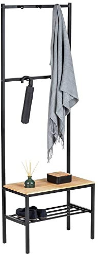 WENKO Garderobenständer Geo, Garderobe mit Sitzbank aus natürlichem Kiefernholz, Jackenständer mit Schuhregal aus schwarzem Metall, Flurgarderobe im Industrie-Design, 59 x 165 x 30 cm, Schwarz/Braun