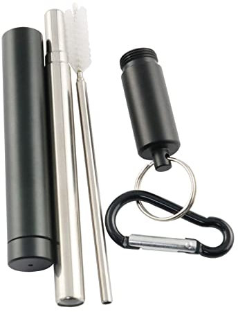 HSCGIN Cannuccia pieghevole nera in acciaio inox 304 riutilizzabile telescopica con spazzola detergente e custodia portachiavi in alluminio retrattile