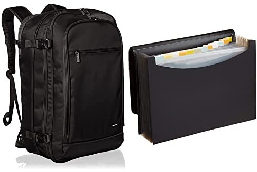 Amazon Basics Handgepäck Reiserucksack, mit Tragegriff und Schultergurt, 25+10L, 1,7kg Eigengewicht, Schwarz & Dokumentenmappe A4, Fächermappe - Schwarz