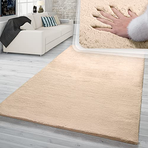 TT Home Hochflor Teppich Schlafzimmer Shaggy Kunstfell Flauschig Kaninchenfell Imitat, Farbe:Creme Sand, Größe:140x200 cm