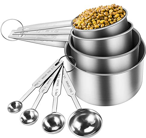 Measuring Cups and Spoons Set, Stainless Steel Cup Measurements Set, 8Pcs Measuring Cups & Jugs for Baking, Metal Measuring Spoons, for Baking, Kitchen Cooking, Liquid and Solid (Silver)