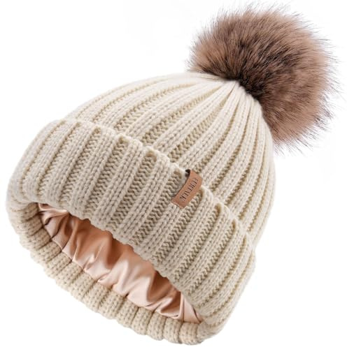 FURTALK Beanie Hats Women Satin Lined Knitted Hat Detachable Pompom Soft Feel Winter Hat Breathable for Girls Cream