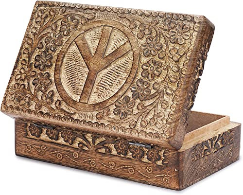 Ajuny Handgeschnitzte Dekorative Schmuckschatulle aus Holz Friedens Schnitzereien Design Mehrzweck Andenken Aufbewahrung Organizer Reise Schatztruhe Schmuckhalter Ideal für Geschenke, 8x5 Zoll