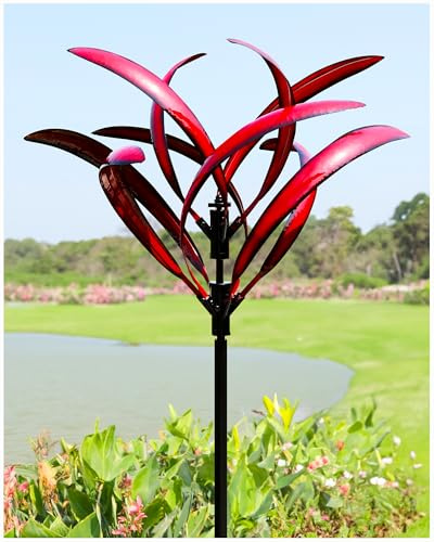 Cyan Oasis Windspiel für den Außenbereich, extra große Metall-Windskulpturen und Spinner mit Pfahl, große Freiraum-Windmühlen für Hof und Garten, hohe Hofkunstdekoration, Burgunderrot, 208,3 cm