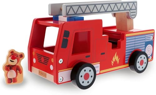 Trefl - Feuerwehrwagen, Wooden Toys, Biben und Bär - Holzspielzeug 2in1, Feuerwehrwagen und Figur Bär, Feuerwehr, Umweltfreundlich, Naturholz, Spielzeug für Jahre ab 18 Monate