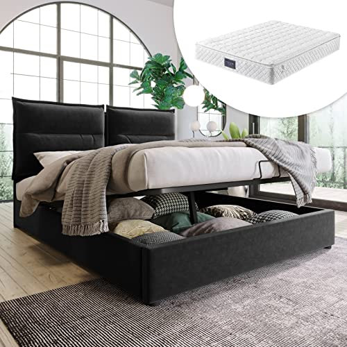 AMDXD Hydraulisch Doppelbett Polsterbett 140x200cm, Verstellbares Kopfteil, Bett mit Lattenrost aus Metallrahmen, Samt, Modernes Bettgestell mit Großer Stauraum, Schwarz (Mit Matratze)