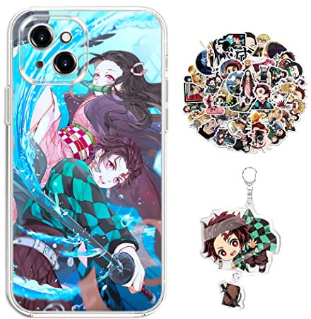Compatible with iPhone XR Case Demon -Slayer Anime Design [With Keychain and 50pcs Stickers] Cartoon Transparent Soft Silicona Case for iPhone XR