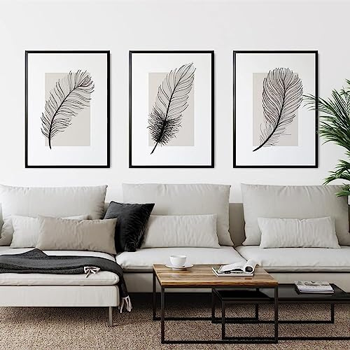 HTWLMM Leinwand Bilder Abstrakte Schwarz-Weiß Feder Nordische Poster Kunstdruck Wandbilder für Wohnzimmer Schlafzimmer Deko Rahmenlos (3X50X70CM)