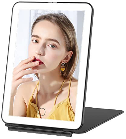 FUNTOUCH Schminkspiegel mit 72 LED Leuchten, Wiederaufladbarer Tragbarer Reisespiegel Beleuchtet, 3 Farben Beleuchtung Spiegel Reisen, Dimmbarer Touchscreen, Faltbarer kosmetikspiegel mit Licht