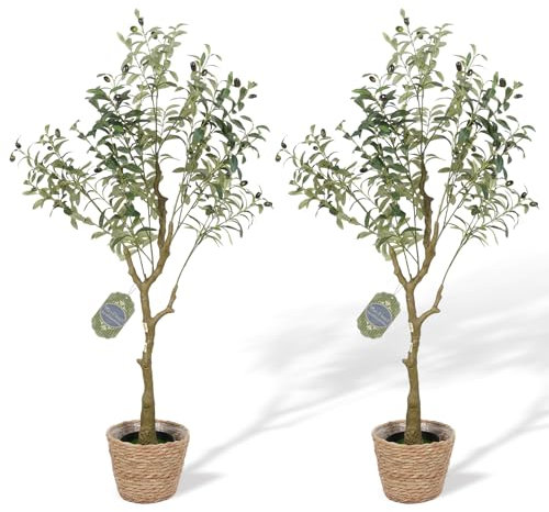 VaryFloral 4FT Artificial Olive Tree with Woven Basket Realistic Fake Potted Olive Tree with Fruits 4 Feet Lifelike Fake Plants in Pot for Home Office Decor Living Room Bedroom Floor 2Pcs