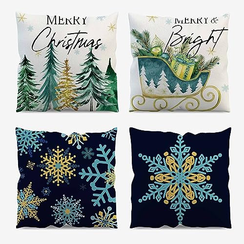 AIBIIN Weihnachts-Kissenbezüge, 45 x 45 cm, Set mit 4 Kissenbezügen, Motiv Schneeflocken, für Zuhause, Innendekoration, Merry Xmas Kissenbezüge für Sofa