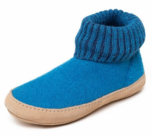 Hüttenschuh Dakota aus Mulesing-freier Schaf-Schurwolle – Handgefertigte Hausschuhe aus Wollfilz für Damen & Herren Größe EU 36-47 – Mit hohem Strickbund & gepolsterter Ledersohle Hellblau, 44