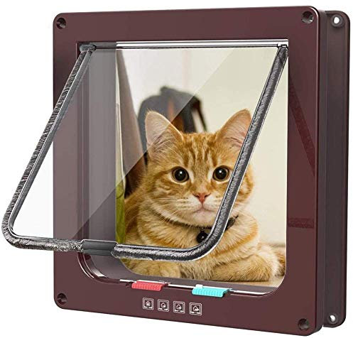 COMOCE Katzenklappe Innentür Katzenklappe Mit Chiperkennung 4 Wege Magnet-Verschluss Hundeklappe Mit Chip Hundeklappe MitKatzentüre Mit Tunnel Black,M,Braun-S