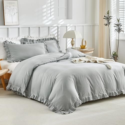 Tokokimo Ruffle Duvet Cover Double - Soft Microfiber Double Duvet Set with 2 Pillowcases for Bed Frilly Duvet Covers 200x200 cm Bedding Gifts, Grey/Ruffled