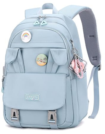 Myyunhx Rucksack für Mädchen Mit Großer Kapazität - Kaninchenohren Kawaii Schultasche für Kinder - Süßer Primärer Mittelschule Rucksack Mit Cartoonnadel (Blau)