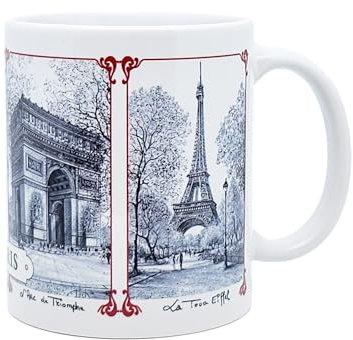 DESSAPT Arts - Paris 4 Monuments - Mug Céramique 325 ml - Tasse-Cadeau Unique avec les Magnifiques Paysages Parisiens - Imprimé en France - Blanc Brillant