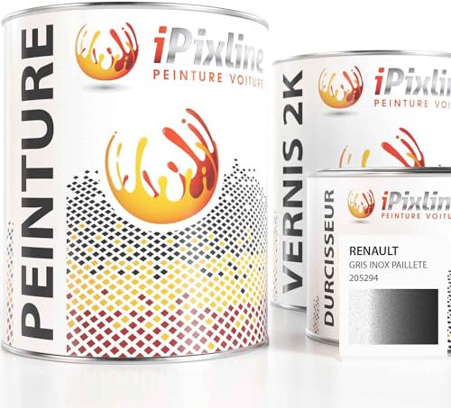 ipixline Kit Retouche Peinture Carrosserie Voiture - Pot Peinture Auto 1000 ml, Vernis 2k 670 ml, Durcisseur 330 ml - Compatible avec Renault - Gris Inox Paillete 205294