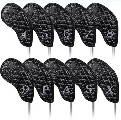 Golf Iron Club Head Covers Magnetic Right Hand 10pcs 4-9,P,A,S,X Black PU Leather Iris Pattern