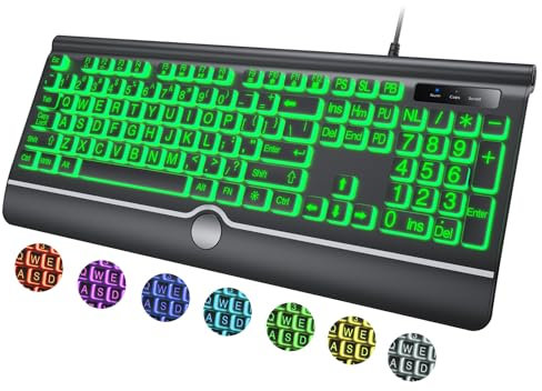 Large Print Backlit Computer Keyboard, 7-Color Backlit Keyboard with Wrist Rest, USB Plug-and-Play, Oversize Letters Keys Easy to See and Type, Wired Light Up Keyboard for Laptop, PC, Gaming