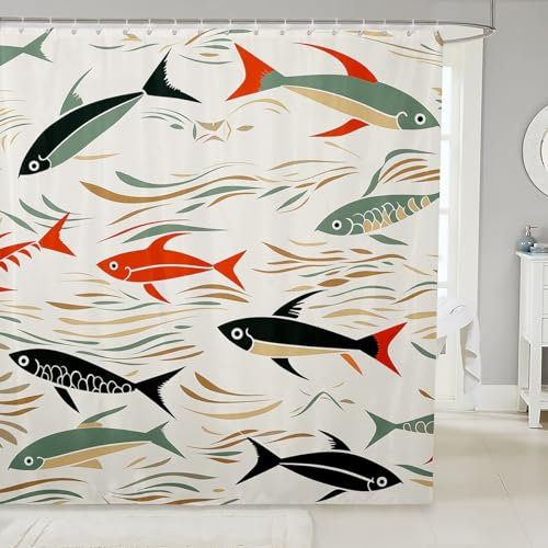 Homewish Rideau de Douche Poisson Rouge 180x180 cm, Rideau Douche Poissons de Dessins Animés, Rideau de Bain Motif d'animaux Marins, Rideau de Baignoire Douce