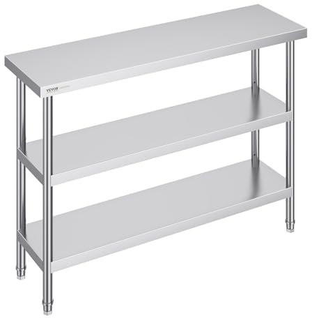 VEVOR Mesa de Preparación de Alimentos 356x1219x864 mm de Acero Inoxidable Con 2 Estantes Inferiores Ajustables para Parrilla, Cocina, Hogar